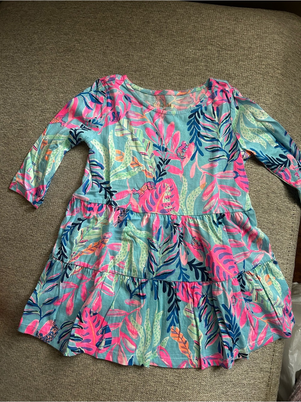 Lilly Pulitzer Blue & Pink Tropical Leaf Tiered Dress